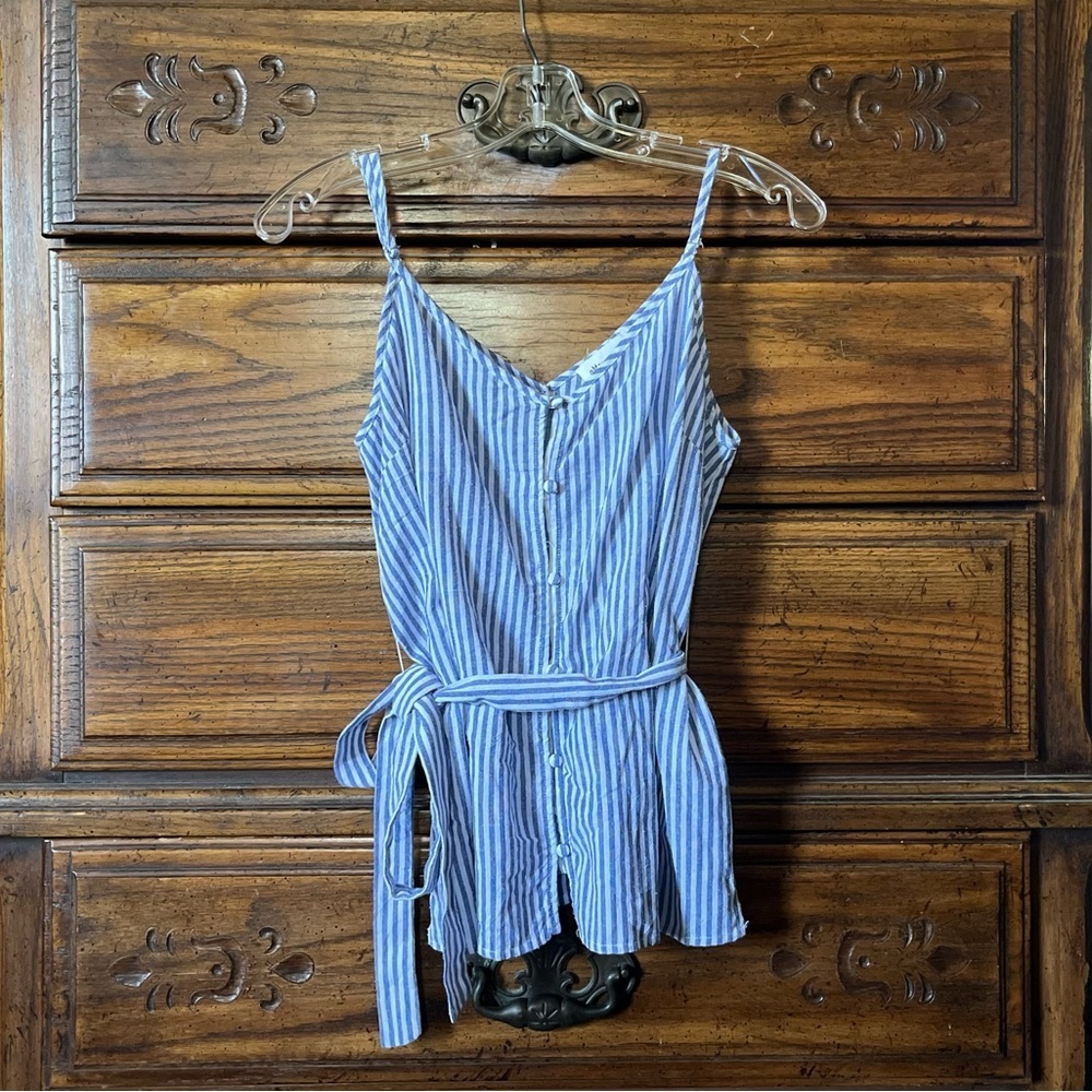 After Market Blue and White Striped Button-Down Sleeveless Top with Waist Tie